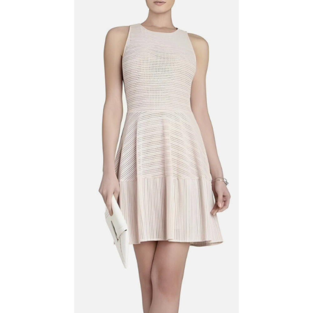 BCBGMAXAZRIA Cassandra Beige Lined Flared Eyelet A-Line Party Dress Large 8-12